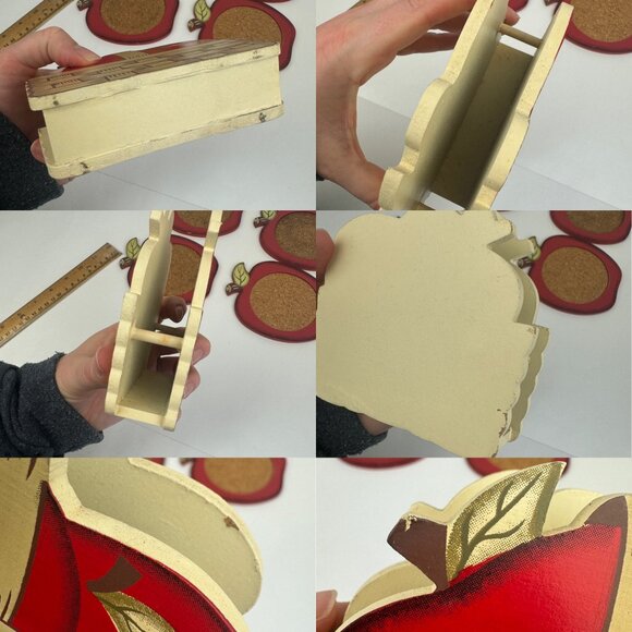 Vintage Set of 4 Red Apple Shape Coasters Wood Cork in Apple Basket Holder Theme - Picture 6 of 9